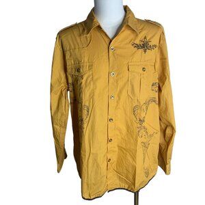 Red Ape Embroidered Button Up Shirt L Mustard Yellow Roll Tab Sleeves Pockets